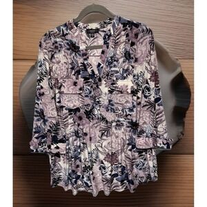 Cocomo Women's Split V-Neck Pintuck Blouse Top Purples & Blue Floral Boho S~ 1X